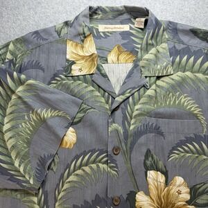 Tommy Bahama Silk Camp Shirt Mens‎ Large Gray Yellow Floral Hawaiian